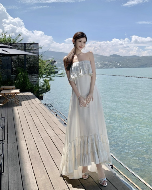 Vintage Ivory Strapless Ruffled Hem Design Elegant Beach Holiday A-Line Sleeveless Summer Dress D1728