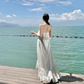 Vintage Ivory Strapless Ruffled Hem Design Elegant Beach Holiday A-Line Sleeveless Summer Dress D1728