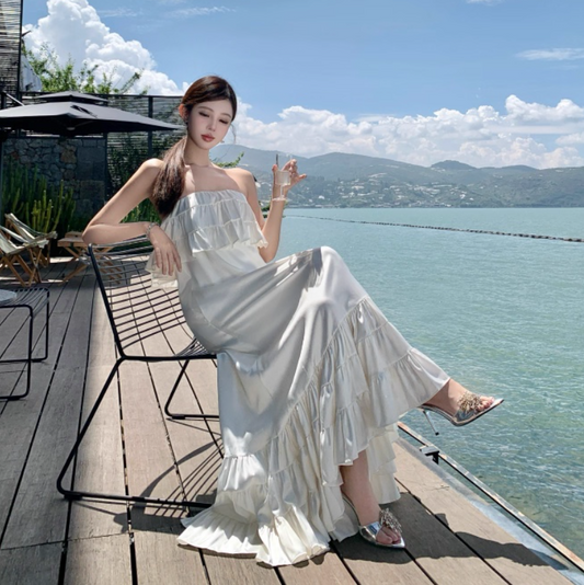 Vintage Ivory Strapless Ruffled Hem Design Elegant Beach Holiday A-Line Sleeveless Summer Dress D1728