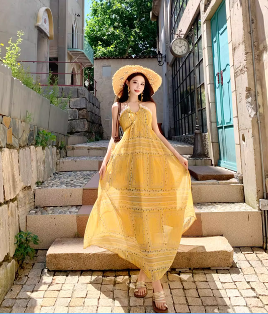 Vintage Yellow Bohemian Style Design Elegant Beach Holiday A-Line Sleeveless Halter Dress Summer Dress Party Dress D1727