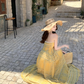 Vintage Yellow Bohemian Style Design Elegant Beach Holiday A-Line Sleeveless Halter Dress Summer Dress Party Dress D1727