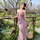 Vintage Pink Floral Irregular Hem Design Elegant Beach Holiday A-Line Sleeveless Halter Dress Summer Dress Party Dress D1726