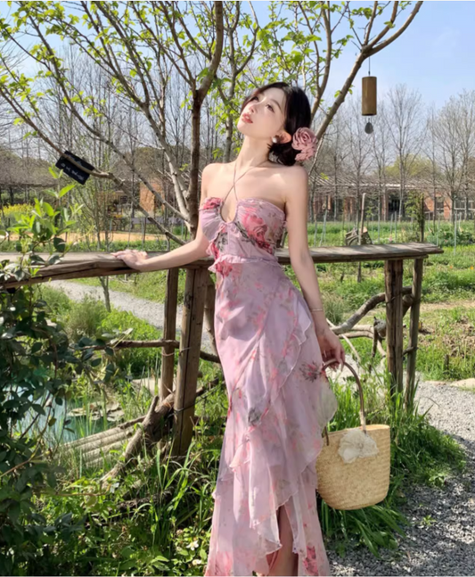 Vintage Pink Floral Irregular Hem Design Elegant Beach Holiday A-Line Sleeveless Halter Dress Summer Dress Party Dress D1726