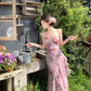 Vintage Pink Floral Irregular Hem Design Elegant Beach Holiday A-Line Sleeveless Halter Dress Summer Dress Party Dress D1726