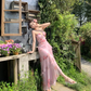 Vintage Pink Floral Irregular Hem Design Elegant Beach Holiday A-Line Sleeveless Halter Dress Summer Dress Party Dress D1726