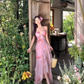 Vintage Pink Floral Irregular Hem Design Elegant Beach Holiday A-Line Sleeveless Halter Dress Summer Dress Party Dress D1726