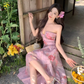 Vintage Pink Floral Irregular Hem Design Elegant Beach Holiday A-Line Sleeveless Halter Dress Summer Dress Party Dress D1726