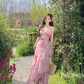 Vintage Pink Floral Irregular Hem Design Elegant Beach Holiday A-Line Sleeveless Halter Dress Summer Dress Party Dress D1726