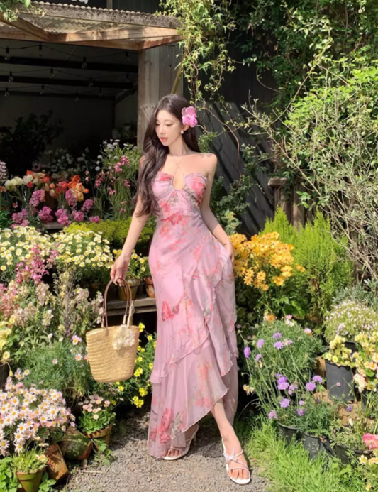 Vintage Pink Floral Irregular Hem Design Elegant Beach Holiday A-Line Sleeveless Halter Dress Summer Dress Party Dress D1726