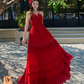Vintage Burgundy V-neck Design Elegant Beach Holiday A-Line Sleeveless Halter Dress Summer Dress Party Dress , D1725