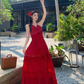 Vintage Burgundy V-neck Design Elegant Beach Holiday A-Line Sleeveless Halter Dress Summer Dress Party Dress , D1725