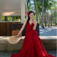 Vintage Burgundy V-neck Design Elegant Beach Holiday A-Line Sleeveless Halter Dress Summer Dress Party Dress , D1725