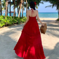 Vintage Burgundy V-neck Design Elegant Beach Holiday A-Line Sleeveless Halter Dress Summer Dress Party Dress , D1725