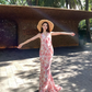 Vintage Pink Floral V-neck Design Elegant Beach Holiday Mermaid Sleeveless Halter Dress Summer Dress Party Dress, D1724