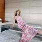 Vintage Pink Floral V-neck Design Elegant Beach Holiday Mermaid Sleeveless Halter Dress Summer Dress Party Dress, D1724