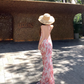 Vintage Pink Floral V-neck Design Elegant Beach Holiday Mermaid Sleeveless Halter Dress Summer Dress Party Dress, D1724