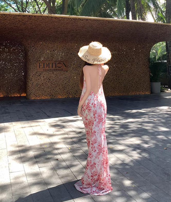 Vintage Pink Floral V-neck Design Elegant Beach Holiday Mermaid Sleeveless Halter Dress Summer Dress Party Dress, D1724