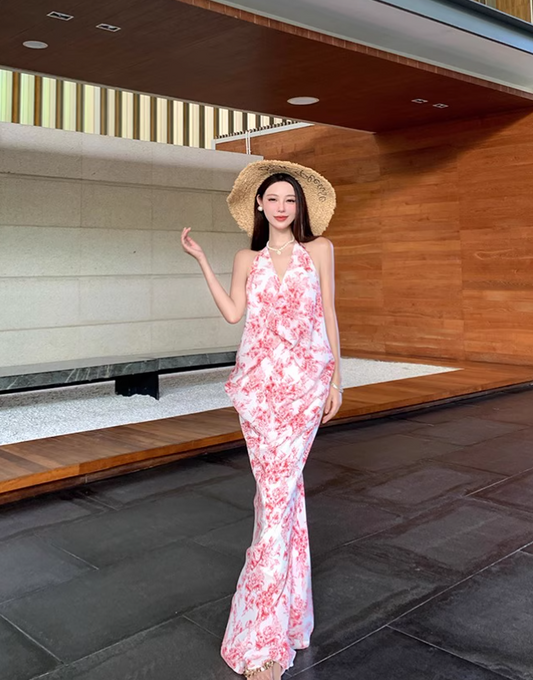 Vintage Pink Floral V-neck Design Elegant Beach Holiday Mermaid Sleeveless Halter Dress Summer Dress Party Dress, D1724