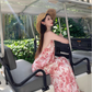 Vintage Pink Floral V-neck Design Elegant Beach Holiday Mermaid Sleeveless Halter Dress Summer Dress Party Dress, D1724