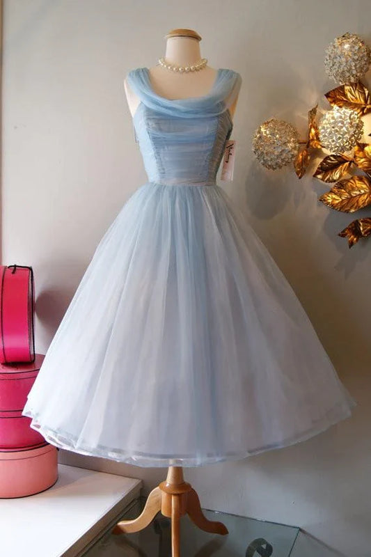 Retro Light Blue Tulle Design A-line Chiffon Party Dress Homecoming Dress Prom Dress Bridesmaid Dress D1626