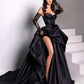 Retro Black Sweetheart Irregular Ruffle Hem Lace Gloves Design Elegant A-Line Satin Evening Dress Prom Dress D1605