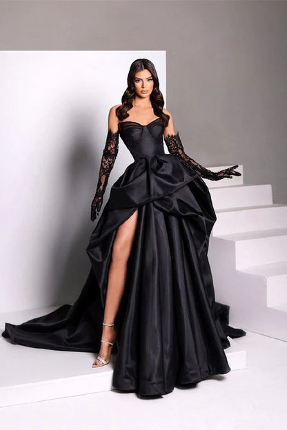 Retro Black Sweetheart Irregular Ruffle Hem Lace Gloves Design Elegant A-Line Satin Evening Dress Prom Dress D1605