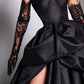 Retro Black Sweetheart Irregular Ruffle Hem Lace Gloves Design Elegant A-Line Satin Evening Dress Prom Dress D1605