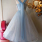 Retro Light Blue Tulle Design A-line Chiffon Party Dress Homecoming Dress Prom Dress Bridesmaid Dress D1626