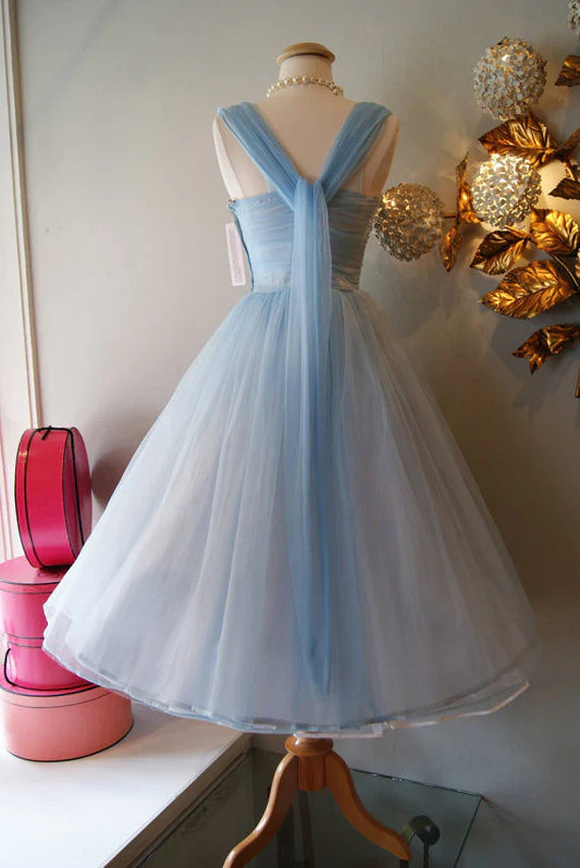 Retro Light Blue Tulle Design A-line Chiffon Party Dress Homecoming Dress Prom Dress Bridesmaid Dress D1626