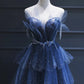Vintage Blue Beaded Design Elegant A-Line Chiffon Tulle Evening Dress Prom Dress D1602
