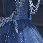 Vintage Blue Beaded Design Elegant A-Line Chiffon Tulle Evening Dress Prom Dress D1602