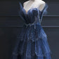 Vintage Blue Beaded Design Elegant A-Line Chiffon Tulle Evening Dress Prom Dress D1602