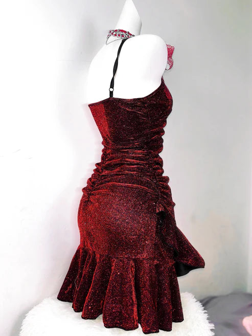 Retro Glitter Burgundy Spaghetti Strap 18th Birthday Party Dress Homecoming Dress D1527