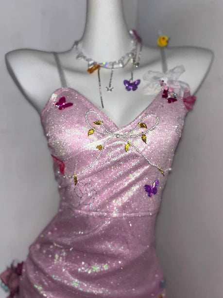Glitter Pink Sequin Spaghetti Strap Butterfly Design 16th Birthday Party Dress Homecoming Dress D1526