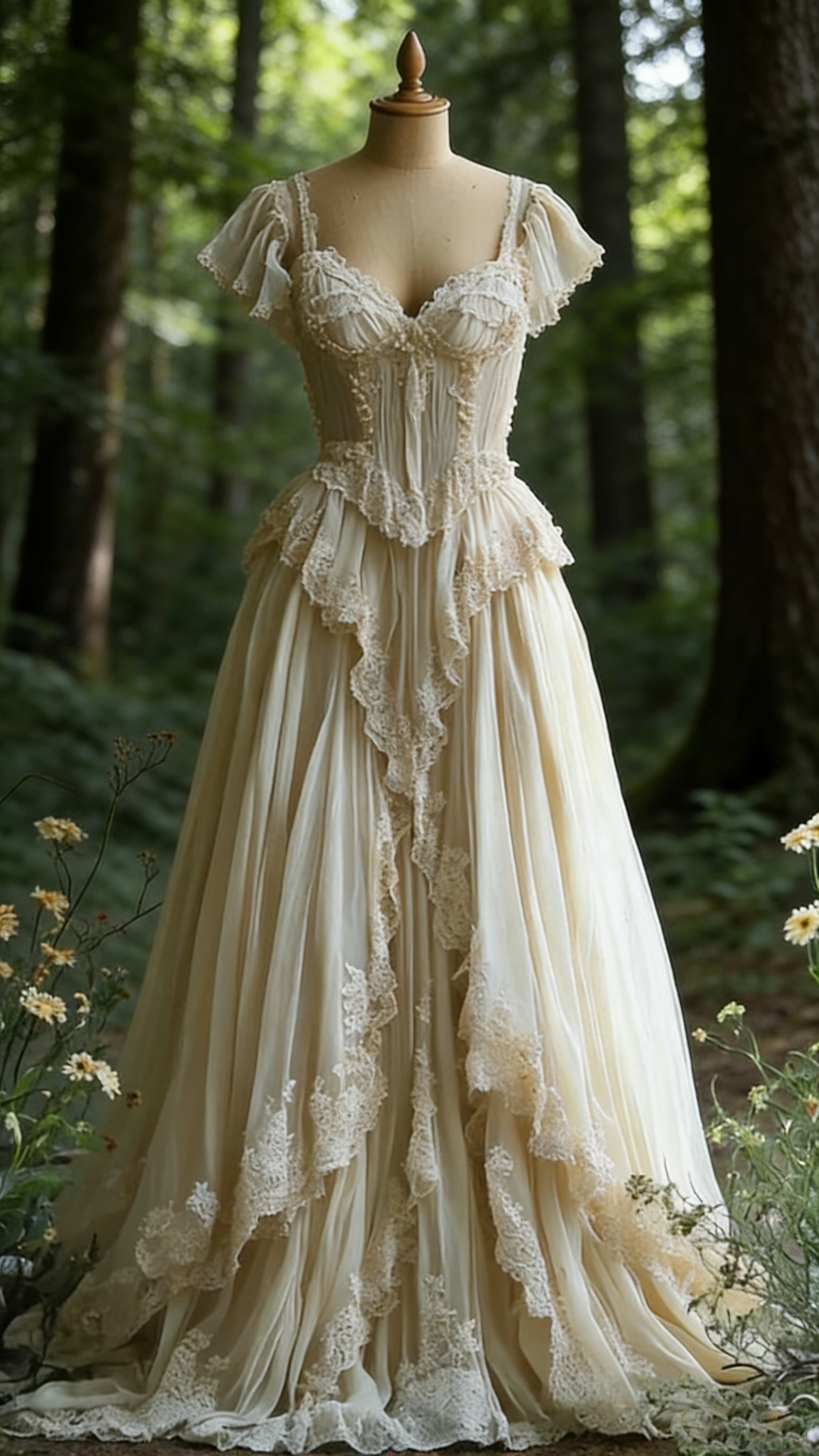 Retro Elfenbein A-Linie Spitze Chiffon Vintage Brautkleid Abend Partykleid, D879