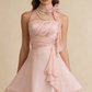 Retro Pink Design Halter Dress A-line Chiffon Elegant Homecoming Dress Birthday Dress Party Dress D1652