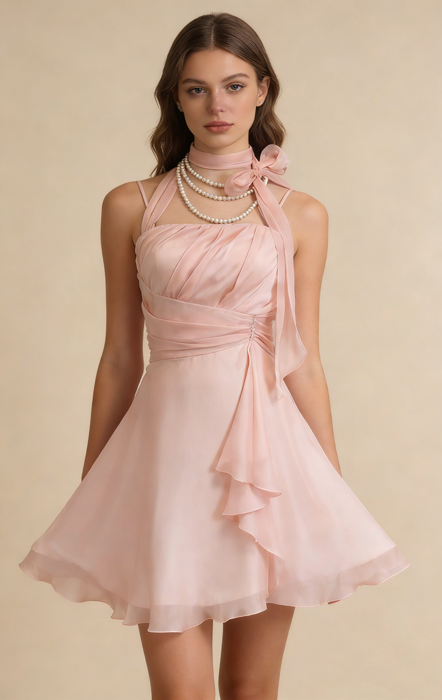 Retro Pink Design Halter Dress A-line Chiffon Elegant Homecoming Dress Birthday Dress Party Dress D1652