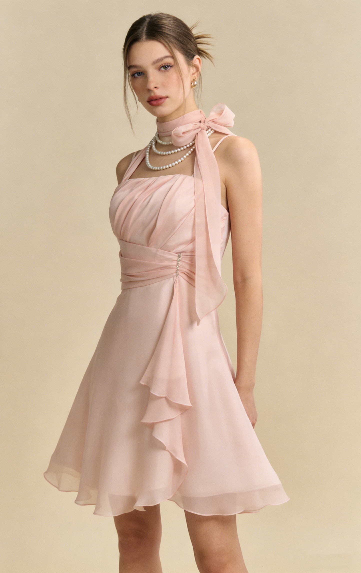 Retro Pink Design Halter Dress A-line Chiffon Elegant Homecoming Dress Birthday Dress Party Dress D1652