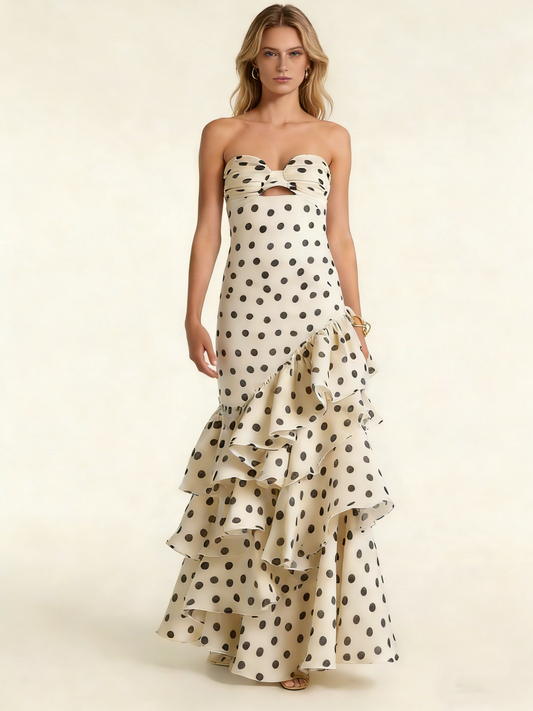 Robe de bal longue à pois rétro, décolleté en cœur, robe de soirée chic, D657