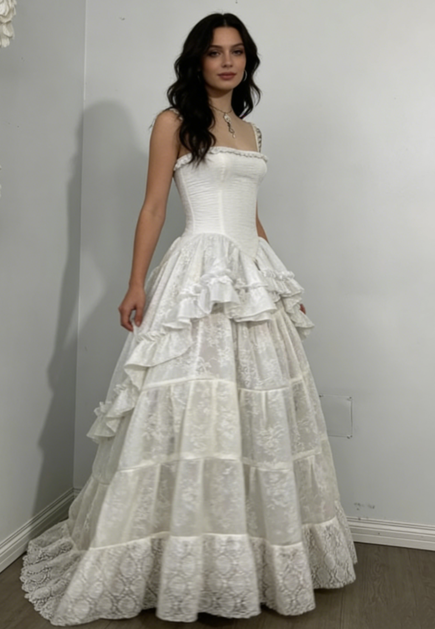 Retro Spaghettiträger A-Linie Spitze Rüschen Vintage Brautkleid Abendkleid, D862
