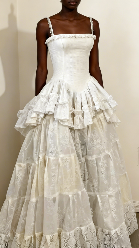 Retro Spaghetti Straps A-Line Lace Ruffles Vintage Wedding Dress Eveing Dress, D862