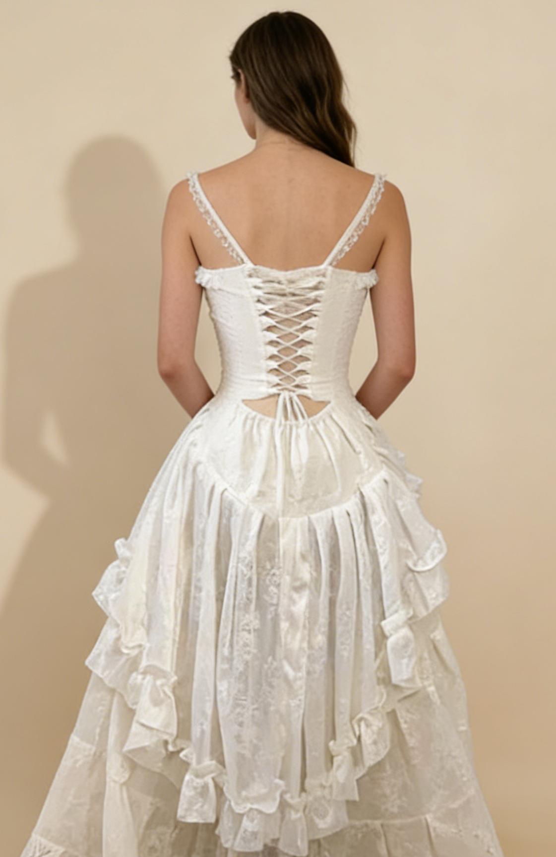 Retro Spaghettiträger A-Linie Spitze Rüschen Vintage Brautkleid Abendkleid, D862