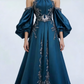 Retro Teal Neckholder A-Linie Perlenbesetzt Schick Langes Partykleid Abendkleid, D935