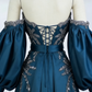 Retro Teal Neckholder A-Linie Perlenbesetzt Schick Langes Partykleid Abendkleid, D935