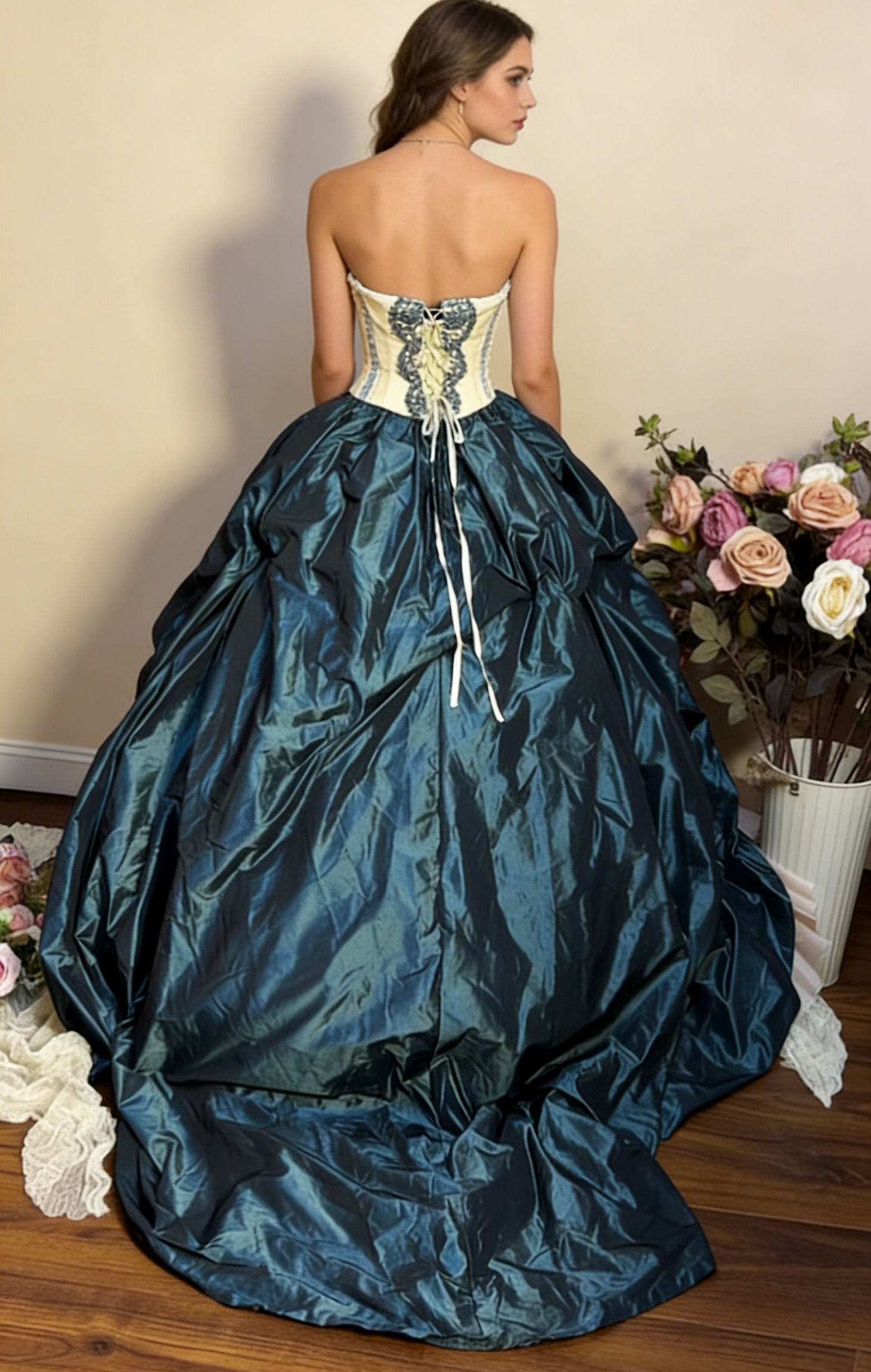 Retro Teal Sweetheart A-Line Satin Quinceanera Dress Birthday Ball Gown, D839