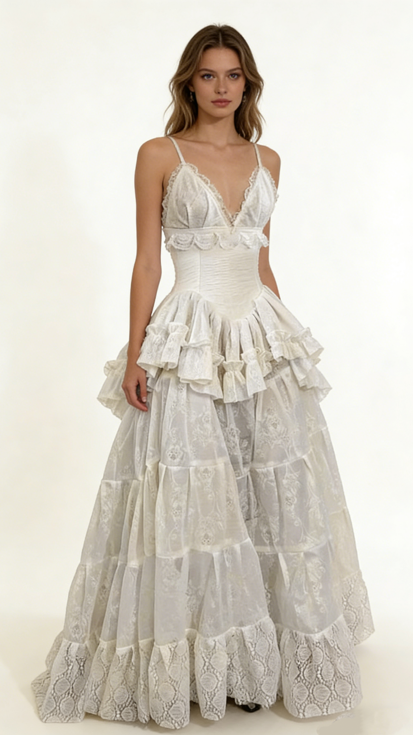 Vintage-Brautkleid mit V-Ausschnitt, Trägern, A-Linie, Spitzenrüschen, Abendkleid, D861