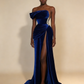 Royal Blue One Shoulder Velvet Split Long Prom Dress Evening Dress M4925