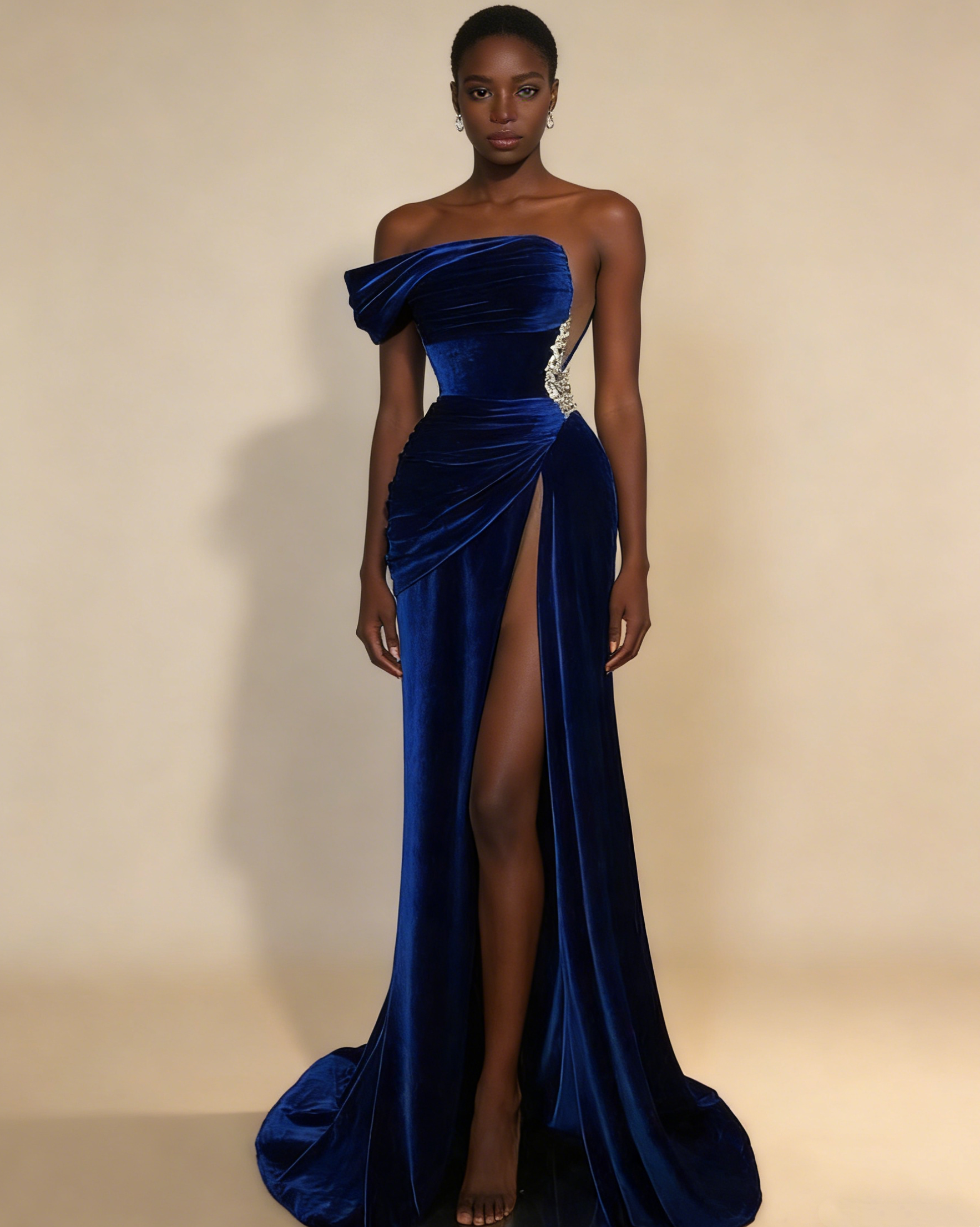 Royal Blue One Shoulder Velvet Split Long Prom Dress Evening Dress M49 –  ModelDressy