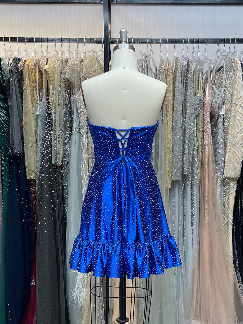 Stunning Homecoming Dress Strapless Beaded Pleated A-Line Back to School Outfits Party Dress D7942