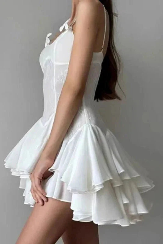 Stunning Homecoming Dress Spaghetti Strap Flower Cascade A-Line Back to School Outfits Party Dress D7933